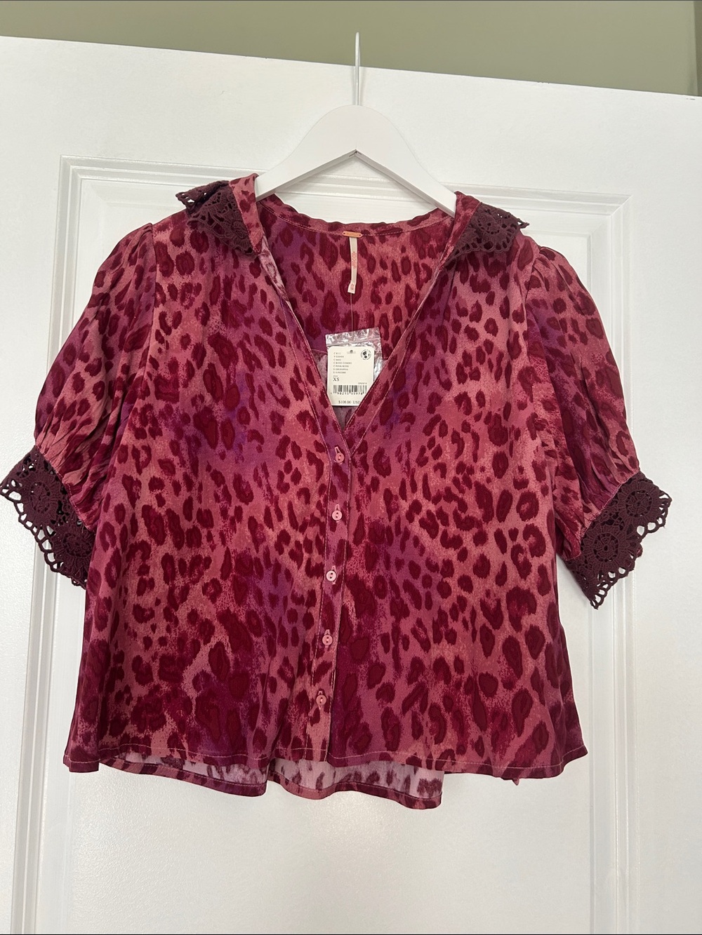 Free People Burgundy and Pink Leopard Print Button-Up Blouse